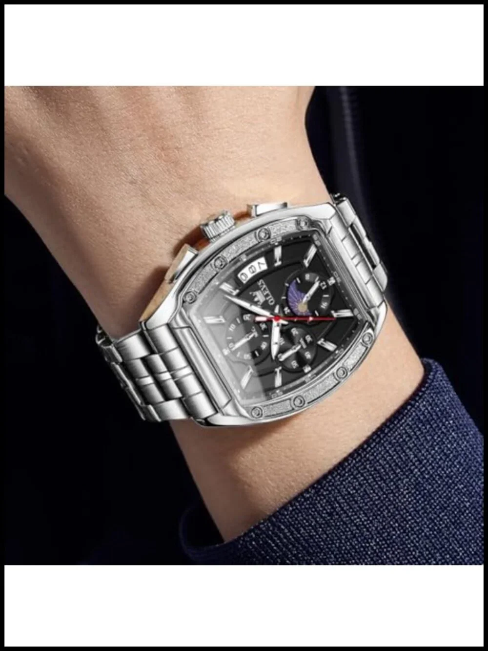 Mens Chronograph Dress Watch Square Face Stainless Steel